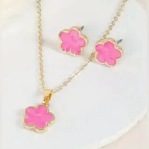 Set of earrings and necklace five pink leaf clover gold tone - Picture 2 of 4